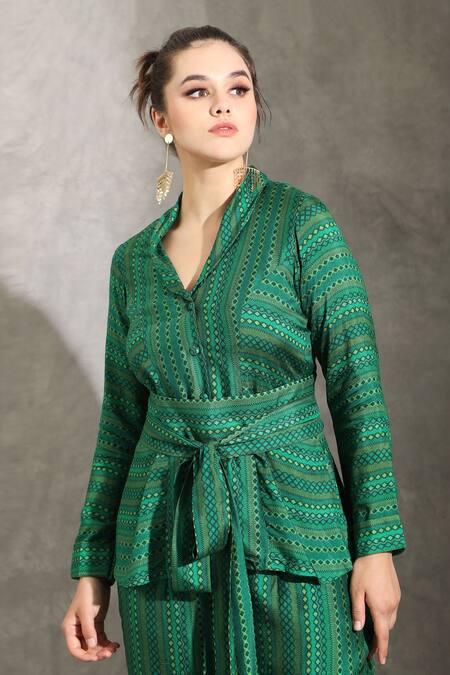 Buy Shreya J Label Green Crepe Print Dhari Collared Neck Geometric Shirt And Pant Set Buy_Shreya J Label_Green Crepe Print Dhari Collared Neck Geometric Shirt And Pant Set