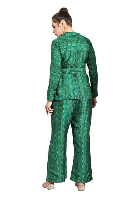 Shop Shreya J Label Green Crepe Print Dhari Collared Neck Geometric Shirt And Pant Set Shop_Shreya J Label_Green Crepe Print Dhari Collared Neck Geometric Shirt And Pant Set