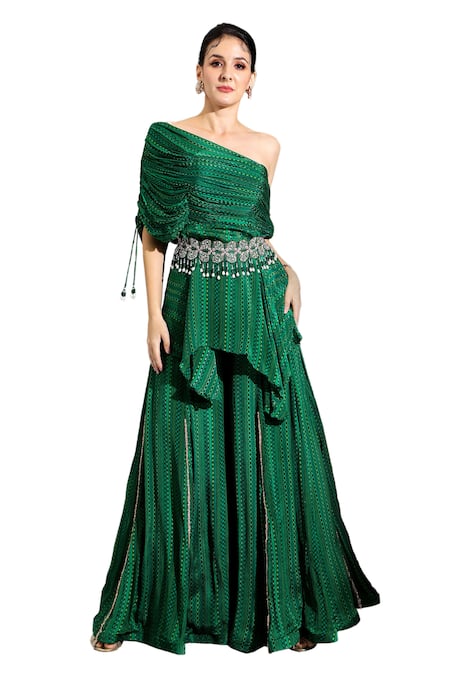 Shreya J Label_Green Chiffon Beads, Embroidery Asymmetric Geometric Print Tunic And Sharara Set _Online_at_Aza_Fashions