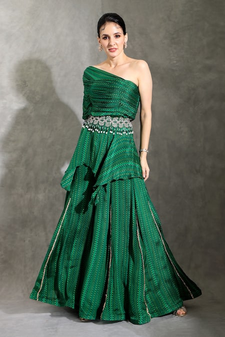 Buy_Shreya J Label_Green Chiffon Beads, Embroidery Asymmetric Geometric Print Tunic And Sharara Set _Online_at_Aza_Fashions