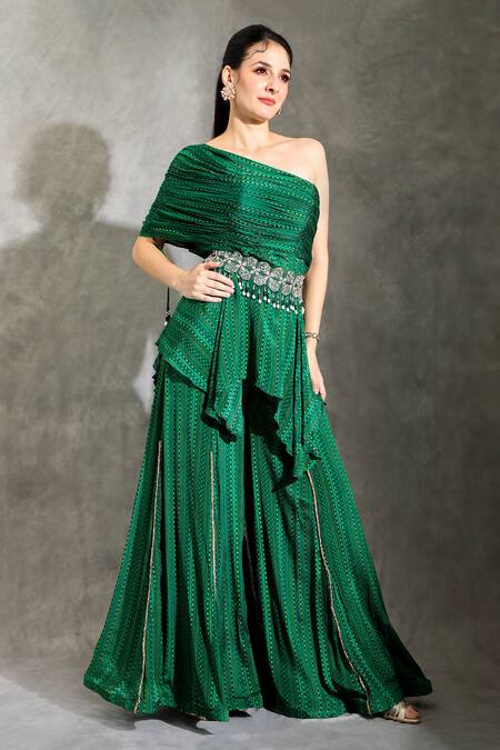 Shreya J Label_Green Chiffon Beads, Embroidery Asymmetric Geometric Print Tunic And Sharara Set _at_Aza_Fashions