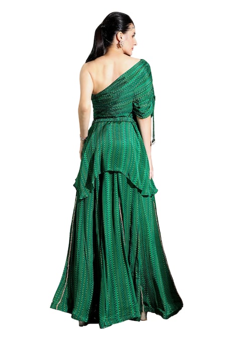 Buy_Shreya J Label_Green Chiffon Beads, Embroidery Asymmetric Geometric Print Tunic And Sharara Set 