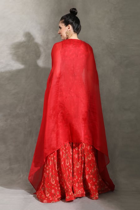 Shreya J Label Floral Print Sharara Set With Cape 