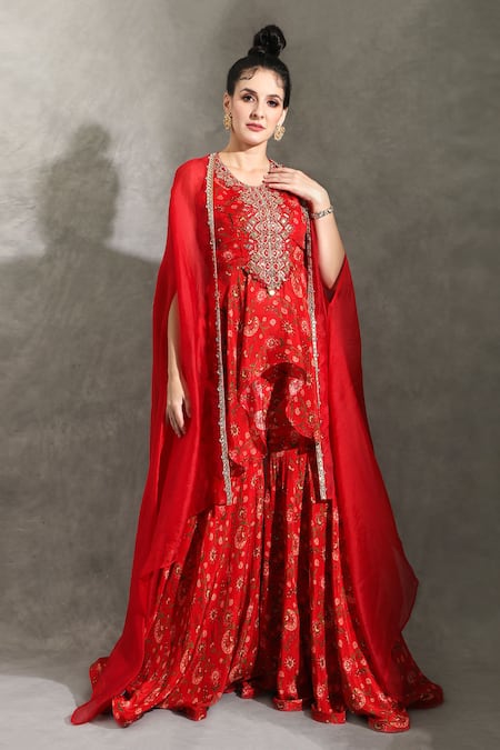 Shreya J Label_Red Organza Gota Patti, Beads, Embroidery Floral Print Sharara Set With Cape _Online_at_Aza_Fashions