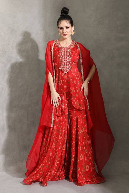 Buy_Shreya J Label_Red Organza Gota Patti, Beads, Embroidery Floral Print Sharara Set With Cape _Online_at_Aza_Fashions