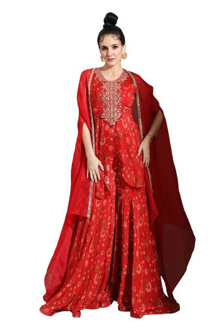 Shop_Shreya J Label_Red Organza Gota Patti, Beads, Embroidery Floral Print Sharara Set With Cape _Online_at_Aza_Fashions