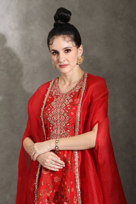 Shreya J Label_Red Organza Gota Patti, Beads, Embroidery Floral Print Sharara Set With Cape _at_Aza_Fashions