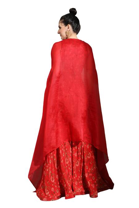 Buy_Shreya J Label_Red Organza Gota Patti, Beads, Embroidery Floral Print Sharara Set With Cape 