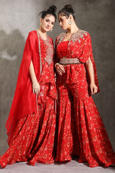 Shop_Shreya J Label_Red Organza Gota Patti, Beads, Embroidery Floral Print Sharara Set With Cape 
