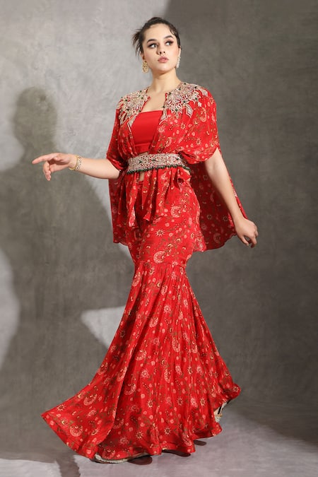 Buy_Shreya J Label_Red Crepe Beads, Sequins, Embroidery Crew Neck Floral Print Cape Sharara Set _Online_at_Aza_Fashions