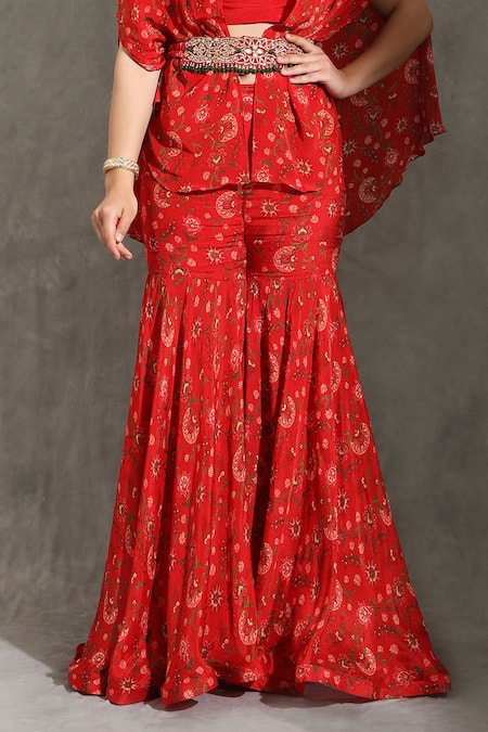 Shop_Shreya J Label_Red Crepe Beads, Sequins, Embroidery Crew Neck Floral Print Cape Sharara Set _Online_at_Aza_Fashions