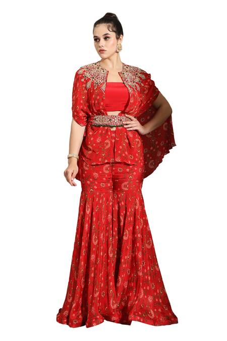 Shreya J Label_Red Crepe Beads, Sequins, Embroidery Crew Neck Floral Print Cape Sharara Set _at_Aza_Fashions