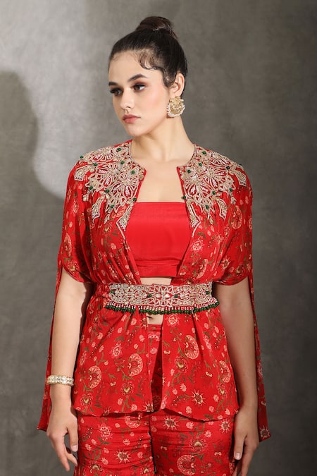 Buy_Shreya J Label_Red Crepe Beads, Sequins, Embroidery Crew Neck Floral Print Cape Sharara Set 