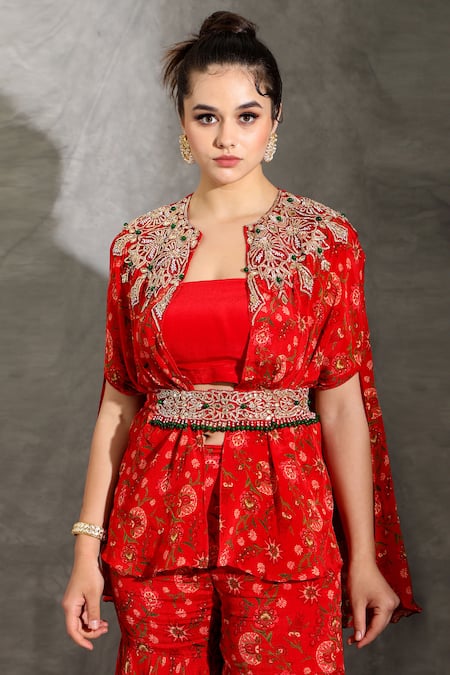 Shop_Shreya J Label_Red Crepe Beads, Sequins, Embroidery Crew Neck Floral Print Cape Sharara Set 