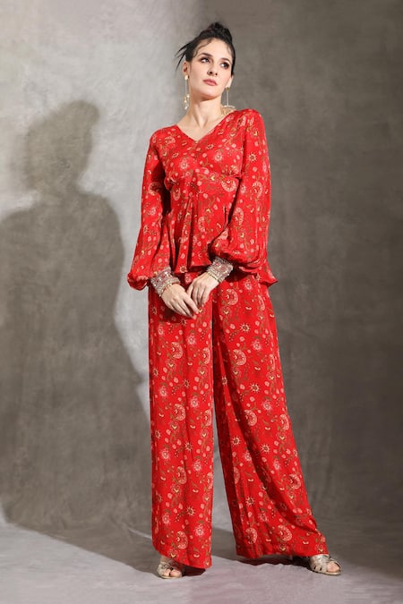 Shreya J Label_Red Crepe Print Floral V Neck Peplum Top With Pant _Online_at_Aza_Fashions