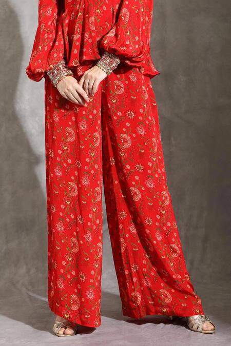Buy_Shreya J Label_Red Crepe Print Floral V Neck Peplum Top With Pant _Online_at_Aza_Fashions