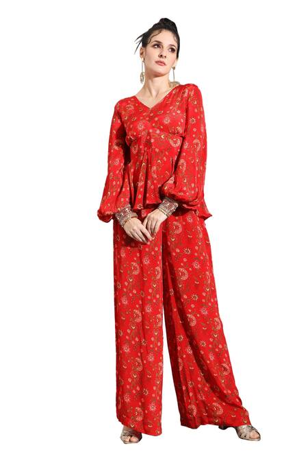Shop_Shreya J Label_Red Crepe Print Floral V Neck Peplum Top With Pant _Online_at_Aza_Fashions