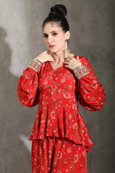 Shreya J Label_Red Crepe Print Floral V Neck Peplum Top With Pant _at_Aza_Fashions