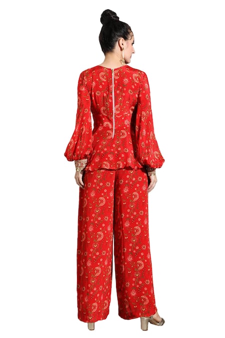 Shop_Shreya J Label_Red Crepe Print Floral V Neck Peplum Top With Pant 