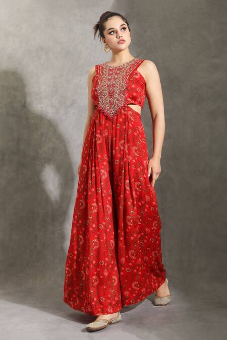 Shreya J Label_Red Crepe Print Sequin Round Neck Floral Cut-out Jumpsuit _Online_at_Aza_Fashions