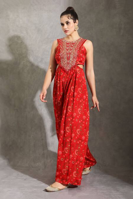 Buy_Shreya J Label_Red Crepe Print Sequin Round Neck Floral Cut-out Jumpsuit _Online_at_Aza_Fashions