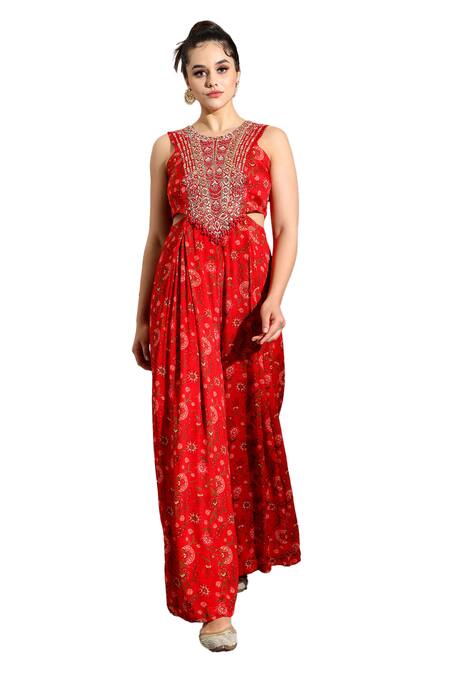 Shop_Shreya J Label_Red Crepe Print Sequin Round Neck Floral Cut-out Jumpsuit _Online_at_Aza_Fashions