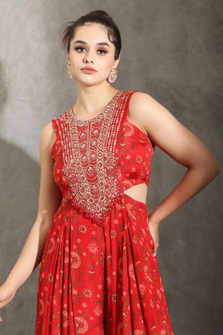 Shreya J Label_Red Crepe Print Sequin Round Neck Floral Cut-out Jumpsuit _at_Aza_Fashions