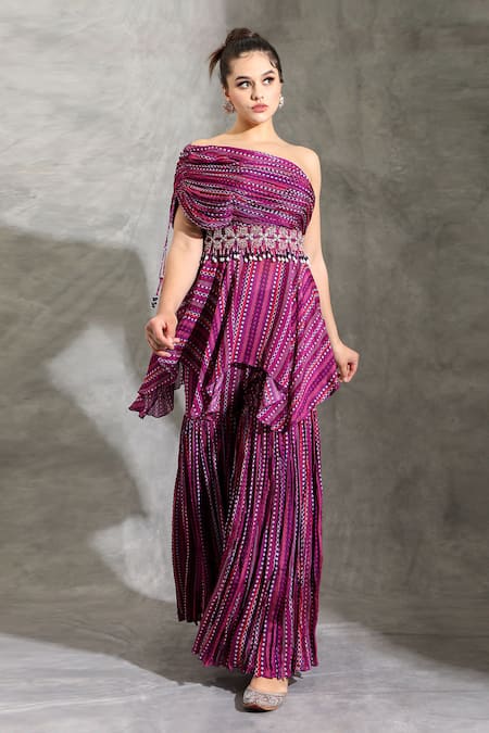 Shreya J Label Purple Chinon Print Dhari Asymmetric Neck Tunic And Sharara Set 