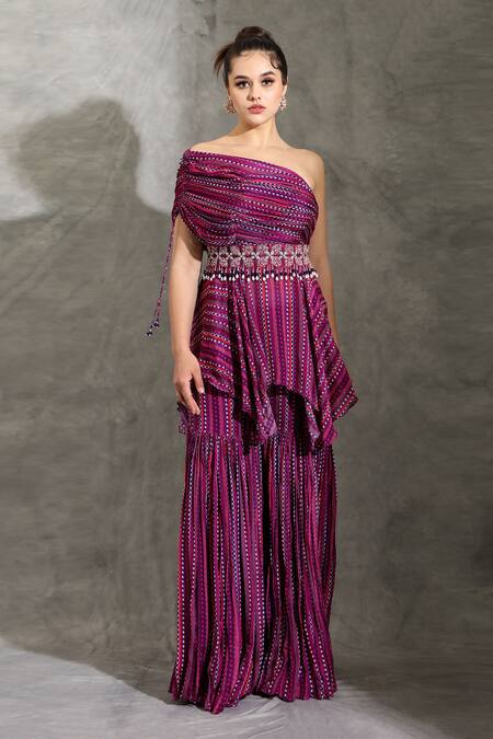 Shreya J Label_Purple Chiffon Beads, Embroidery Asymmetric Dhari Print Tunic And Sharara Set _Online_at_Aza_Fashions