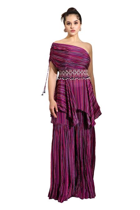 Buy_Shreya J Label_Purple Chiffon Beads, Embroidery Asymmetric Dhari Print Tunic And Sharara Set _Online_at_Aza_Fashions