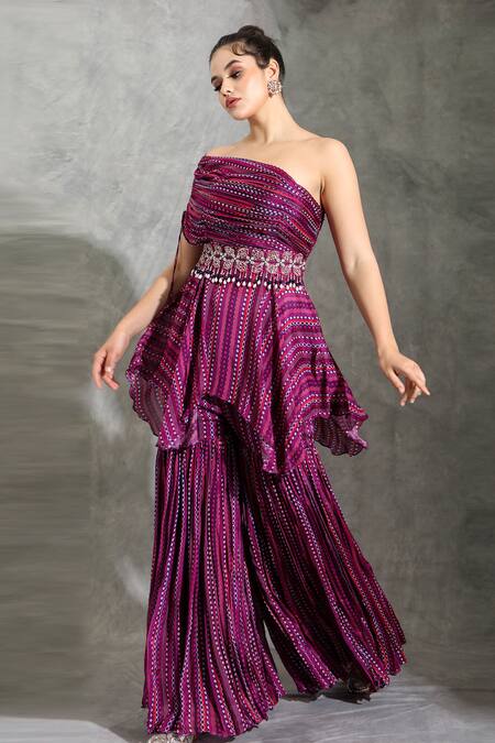 Shop_Shreya J Label_Purple Chiffon Beads, Embroidery Asymmetric Dhari Print Tunic And Sharara Set _Online_at_Aza_Fashions