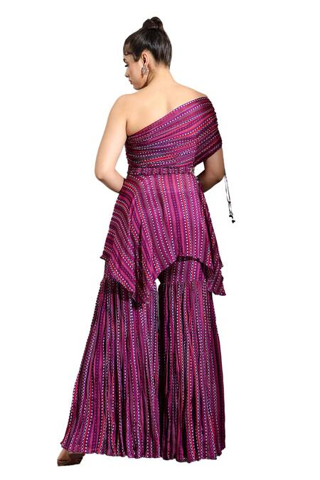 Buy_Shreya J Label_Purple Chiffon Beads, Embroidery Asymmetric Dhari Print Tunic And Sharara Set 