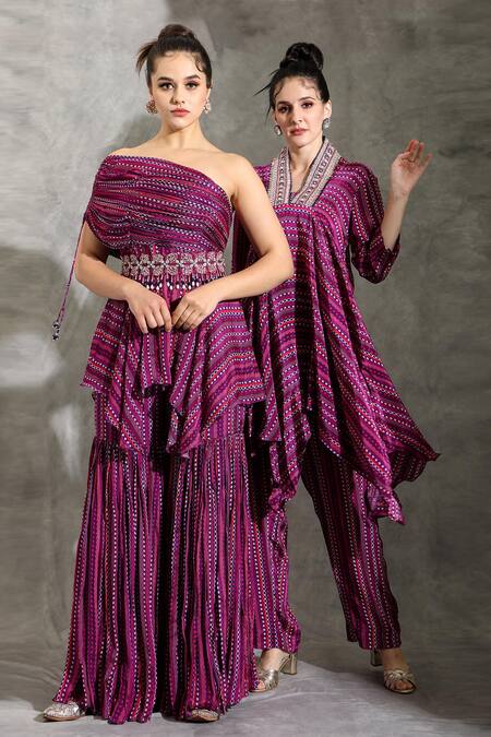 Shop_Shreya J Label_Purple Chiffon Beads, Embroidery Asymmetric Dhari Print Tunic And Sharara Set 