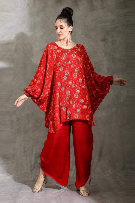 Shreya J Label_Red Crepe Sequins, Embroidery Round Neck Floral Print Kurta With Pull Out Pant _Online_at_Aza_Fashions