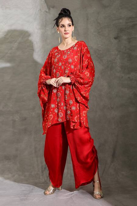 Buy_Shreya J Label_Red Crepe Sequins, Embroidery Round Neck Floral Print Kurta With Pull Out Pant _Online_at_Aza_Fashions