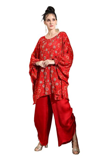 Shop_Shreya J Label_Red Crepe Sequins, Embroidery Round Neck Floral Print Kurta With Pull Out Pant _Online_at_Aza_Fashions