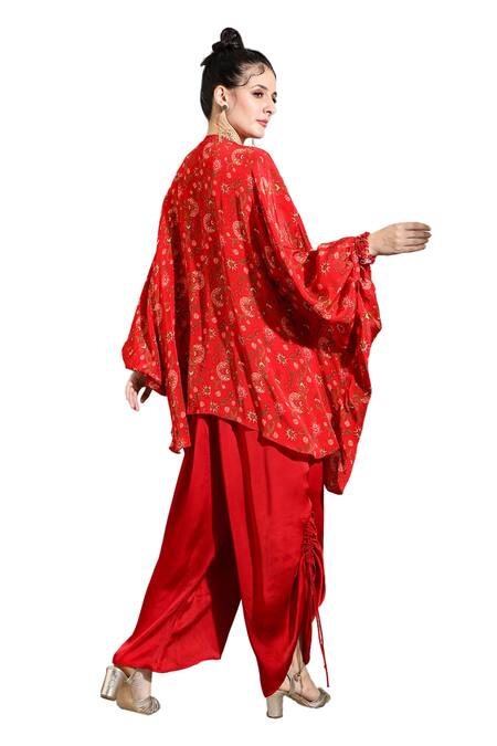 Buy_Shreya J Label_Red Crepe Sequins, Embroidery Round Neck Floral Print Kurta With Pull Out Pant 
