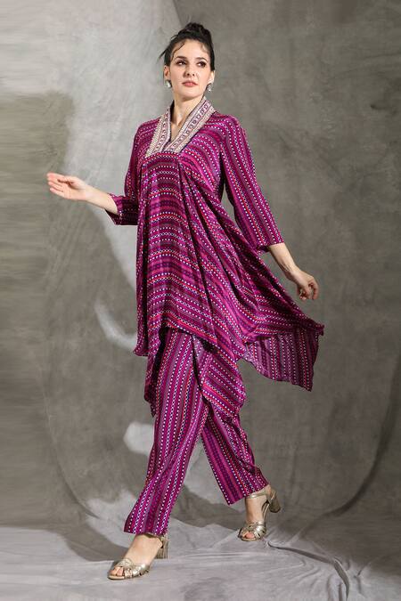 Buy_Shreya J Label_Purple Crepe Embroidery High Neck Dhariwar Print Asymmetric Kurta With Pant _Online_at_Aza_Fashions