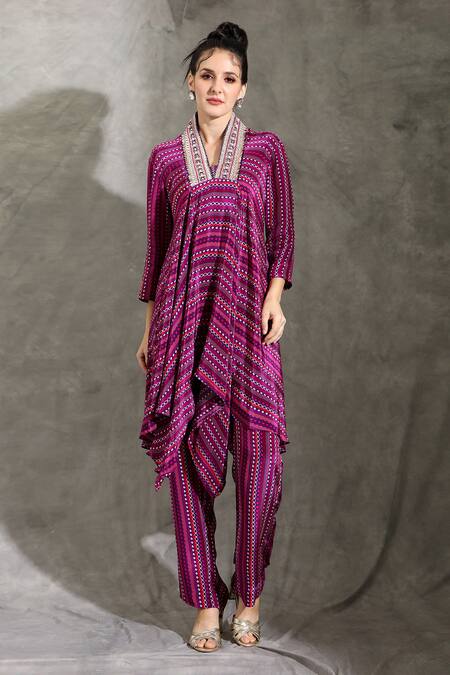 Shop_Shreya J Label_Purple Crepe Embroidery High Neck Dhariwar Print Asymmetric Kurta With Pant _Online_at_Aza_Fashions