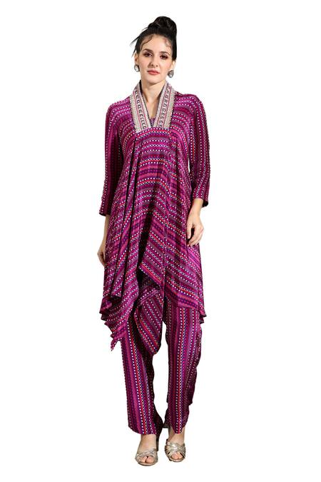 Shreya J Label_Purple Crepe Embroidery High Neck Dhariwar Print Asymmetric Kurta With Pant _at_Aza_Fashions
