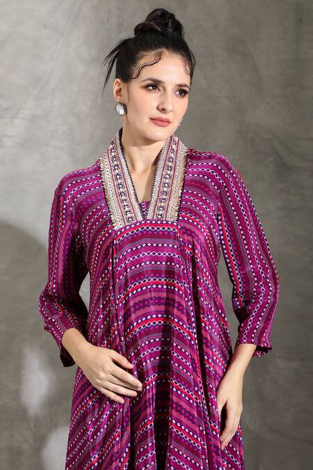 Buy_Shreya J Label_Purple Crepe Embroidery High Neck Dhariwar Print Asymmetric Kurta With Pant 