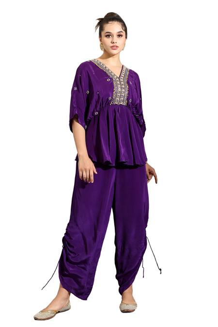 Buy_Shreya J Label_Purple Crepe Sequins, Beads V-neck Embellished Peplum Top With Pull Out Pant _Online_at_Aza_Fashions