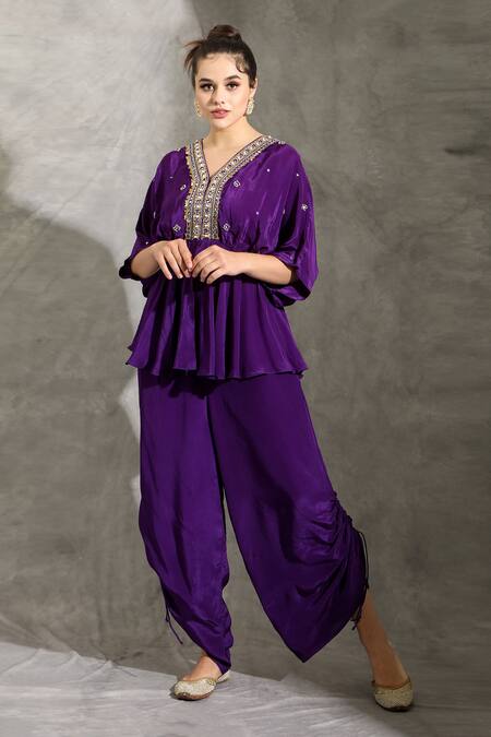 Shop_Shreya J Label_Purple Crepe Sequins, Beads V-neck Embellished Peplum Top With Pull Out Pant _Online_at_Aza_Fashions