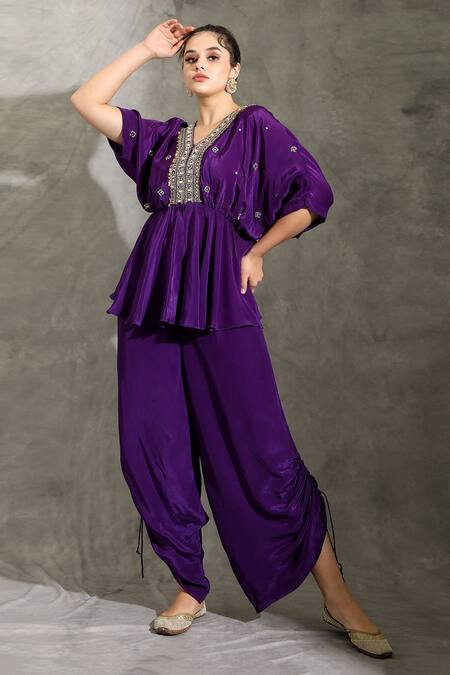 Shreya J Label_Purple Crepe Sequins, Beads V-neck Embellished Peplum Top With Pull Out Pant _at_Aza_Fashions