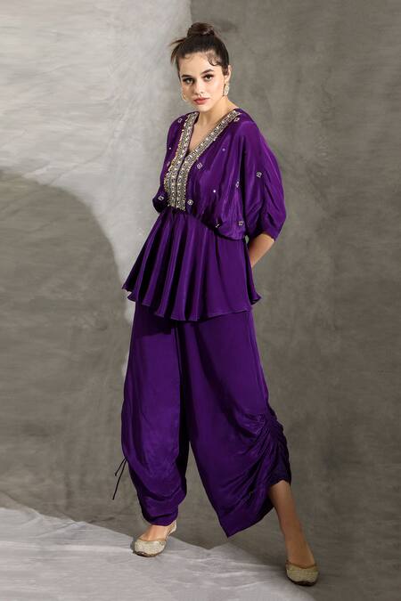Buy_Shreya J Label_Purple Crepe Sequins, Beads V-neck Embellished Peplum Top With Pull Out Pant 