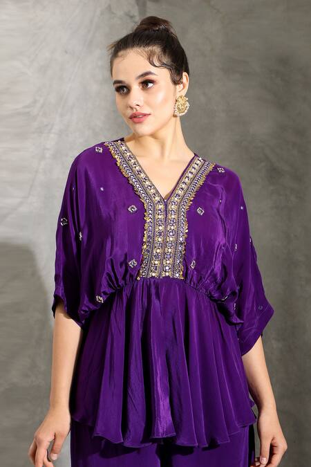 Shop_Shreya J Label_Purple Crepe Sequins, Beads V-neck Embellished Peplum Top With Pull Out Pant 