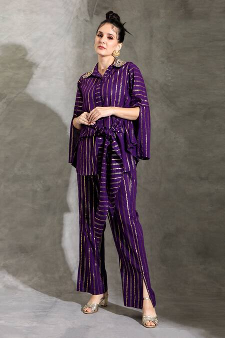 Shreya J Label_Purple Cotton Lurex Embellished Gota Patti Stripe Pattern Shirt With Pant _Online_at_Aza_Fashions