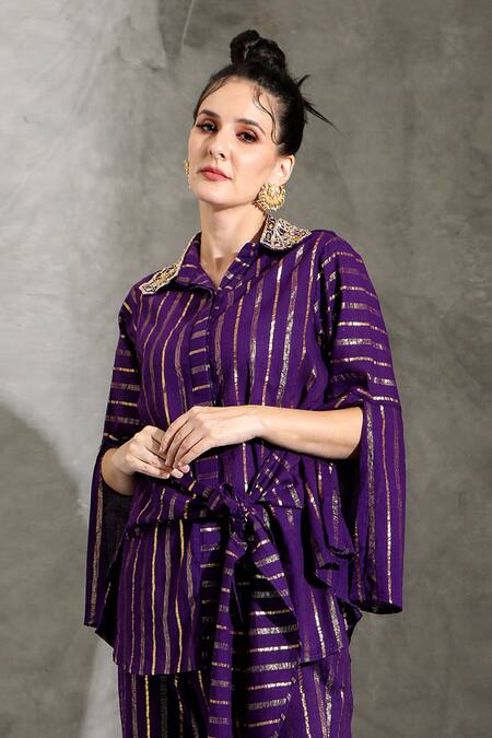 Buy_Shreya J Label_Purple Cotton Lurex Embellished Gota Patti Stripe Pattern Shirt With Pant _Online_at_Aza_Fashions