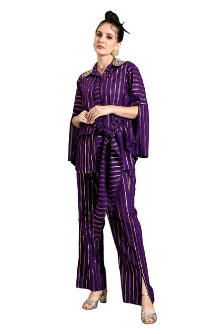 Shreya J Label_Purple Cotton Lurex Embellished Gota Patti Stripe Pattern Shirt With Pant _at_Aza_Fashions