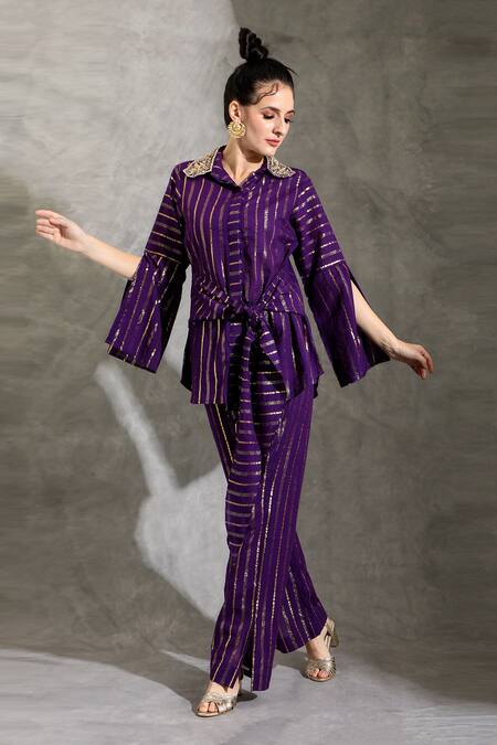 Buy_Shreya J Label_Purple Cotton Lurex Embellished Gota Patti Stripe Pattern Shirt With Pant 